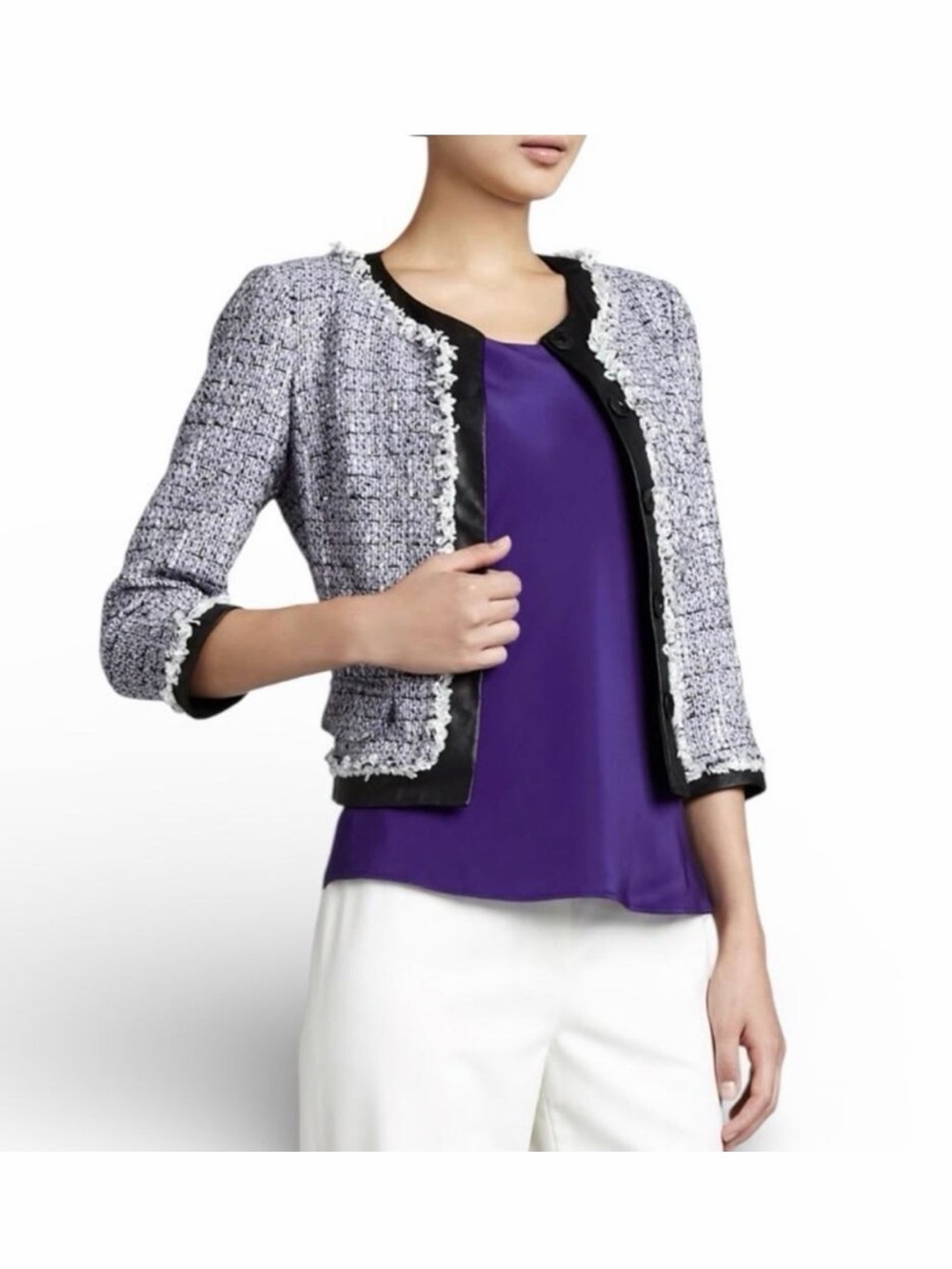 Lafayette 148 Cropped Lavender Tweed Jacket with Fringe Trim. Size 4